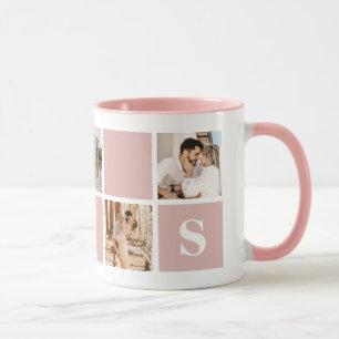Taza Mug de Collage de fotos de monograma rosa y blanco