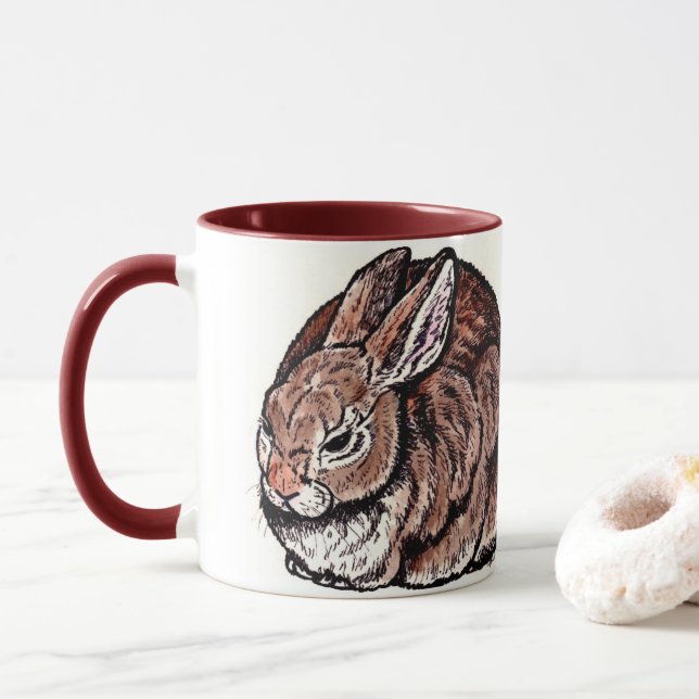 Taza Mug de conejo original, lápiz y tinta, dibujo de a (Con donut)