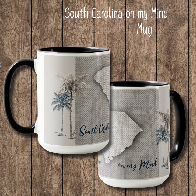 Taza Mug. de hojas de árbol de palma de Carolina del Su (South Carolina on my Mind mug. A unique design of linen, SC outline, and palm trees. Perfect gift!)