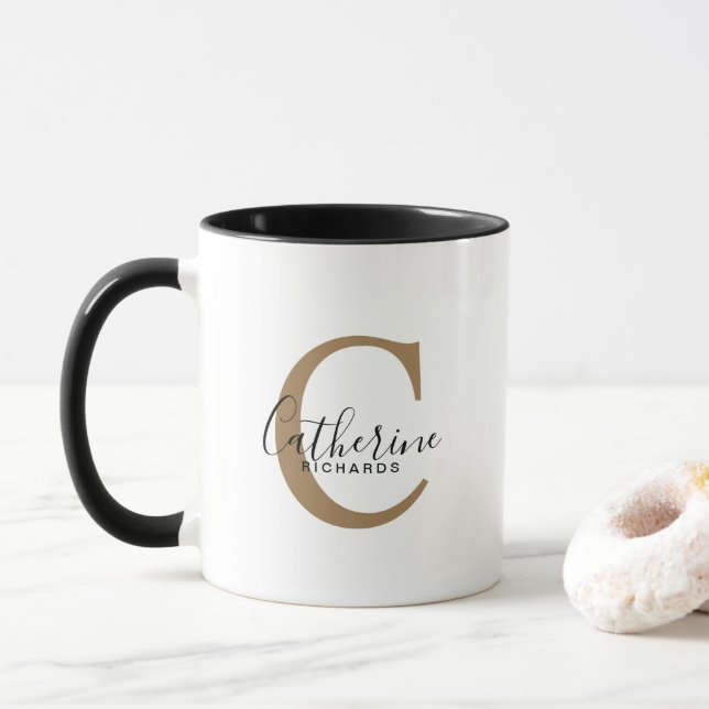 Taza Mug de monograma de oro personalizado moderno (Con donut)