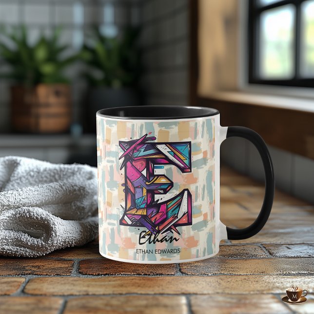 Taza Mug de monograma geométrico impactante - E para Et (Subido por el creador)