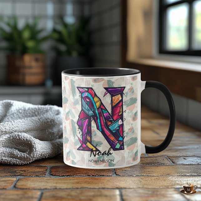 Taza Mug de monograma resumen dinámico - N para Noah (Subido por el creador)