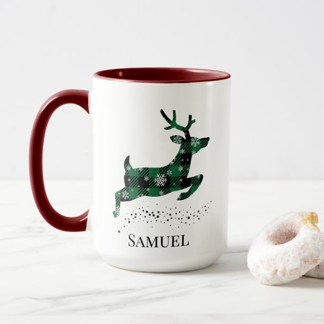Taza Mug de Navidades de venados de tartán negro y verd (Con donut)