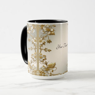 Taza Mug de Ornato de Oro Floral Blanco