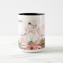 Taza Mug de Pascua con conejo blanco en la canasta