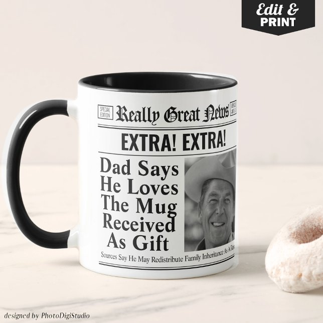 Taza Mug de periódico editable para papá, idea de regal (Editable Newspaper Mug for Dad, Funny Dad Gift, Personalized Fathers Day Gift)