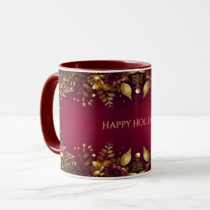Taza Mug feriado de flores de oro rojas de Borgoña