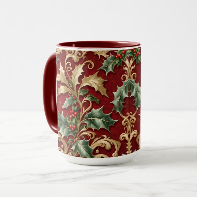 Taza Mug feriado de Navidades rojos con hojas verdes de (Anverso izquierdo)