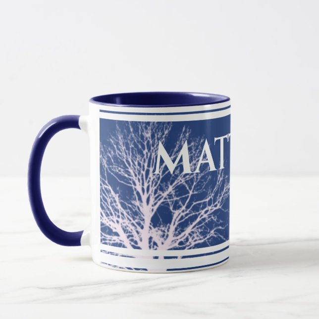 Taza Mug. nombre personalizado azul de árbol rústico  (Izquierda)