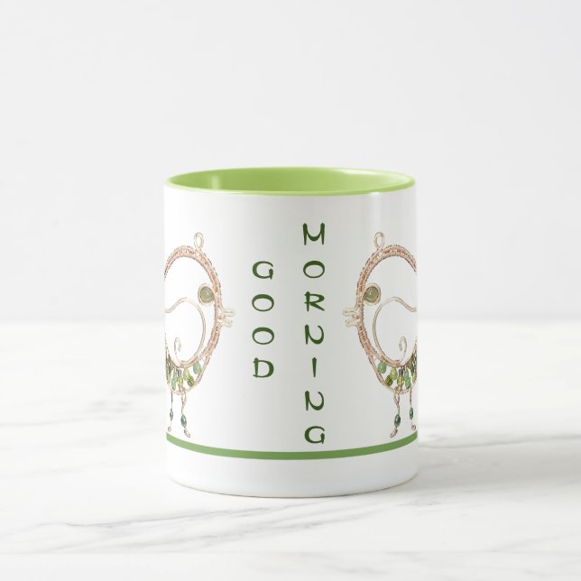 Taza Mug - Pájaro alambrado con piedras verdes (Centro)