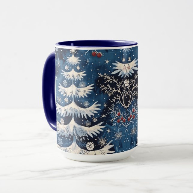 Taza Mugre azul del árbol de Navidad blanco (Anverso izquierdo)