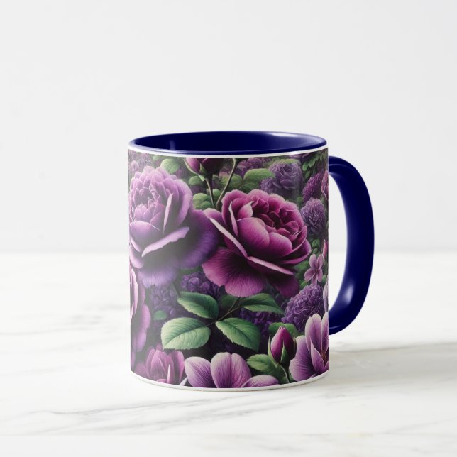 Taza Mugre de flores con pétalos violetas (Anverso derecho)
