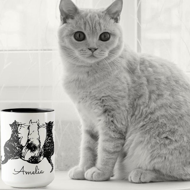 Taza Mugre de gato blanco y negro monograma (Personalized mugs for cat lovers 🐈‍⬛🐈😽
)