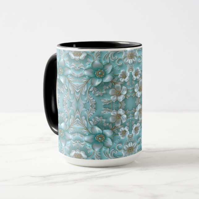 Taza Mugre floral blanca verde azulada (Anverso izquierdo)