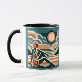 Taza Mujer en la playa con diseño Art Deco Sunset