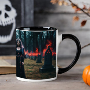 Taza Mujer gótica en cementerio en llamas