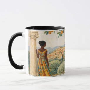 Taza Mujer junto a columna con ilustración de árbol cít