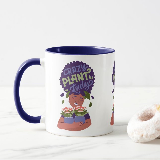 Taza Mujer Negra Crazy Plant Lady, Abrazando plantas (Con donut)