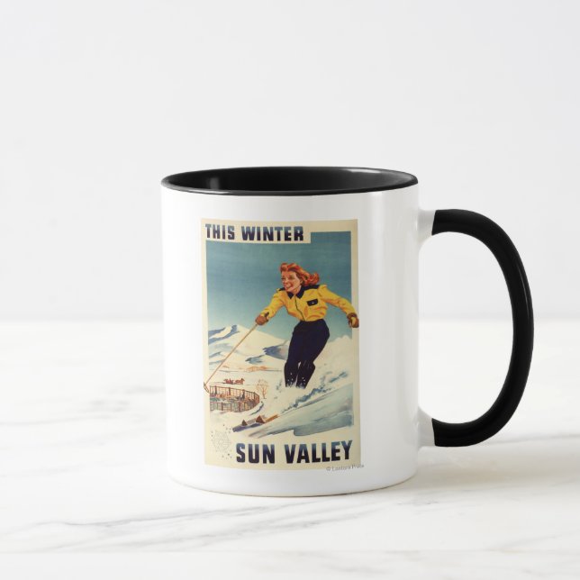 Taza Mujer pelirroja sonriendo y esquiando Poster (Derecha)