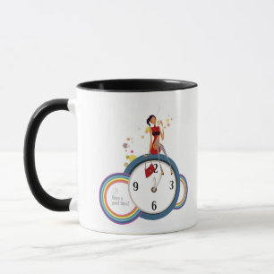 Taza Mujer que se sienta en un reloj y que sostiene una