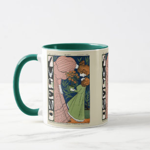 Taza Mujer y niña Art Nouveau vintage con vestido verde