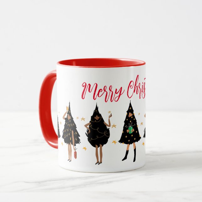 Taza Mujeres negras vestidas con Fiesta de árbol de Nav (Anverso izquierdo)