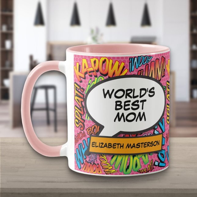 Taza Mundos personalizados Mejor mamá divertido rosa có (Personalized Worlds Best Mom Fun Pink Comic Book Mug)