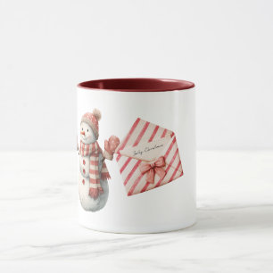 Taza Muñeco de nieve navideño alegre con rayas rojas