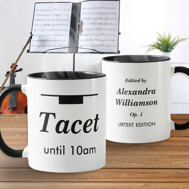 Taza Música Clásica Divertida Humor Tacet Descanso Matu (A funny personalized coffee mug for musicians and music lovers, with 'tacet until 10am' humor)