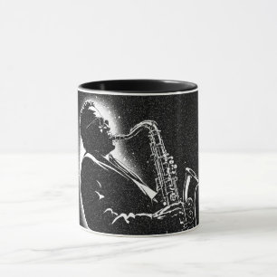 Taza Músico de saxofón estilo gráfico BW de los 50