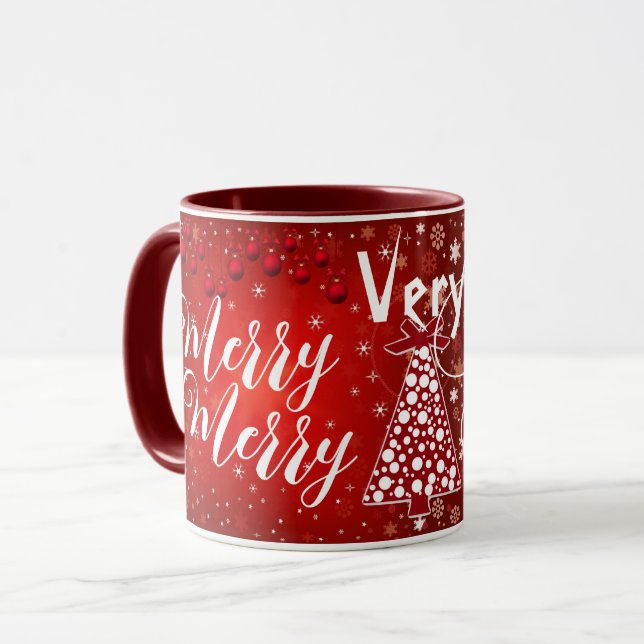Taza Muy Feliz Árbol navideño rojo Personalizado caligr (Anverso izquierdo)