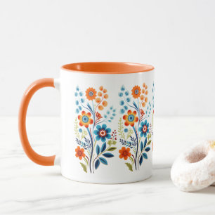Taza Naranja Amarillo Azul Verde Floral Retro Vintage 
