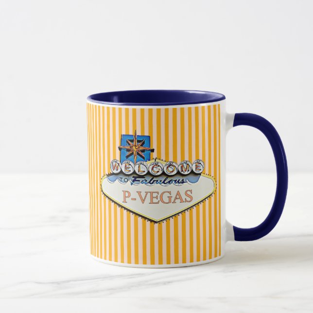 Taza Naranja azul P-Vegas Platteville Wisconsin Mug (Derecha)
