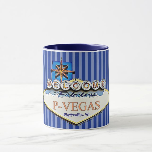 Taza Naranja azul P-Vegas Platteville Wisconsin Mug (Centro)