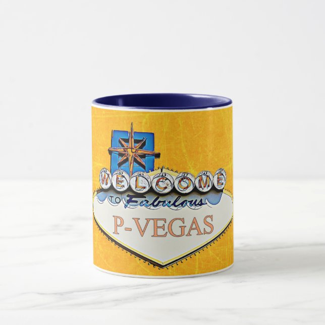 Taza Naranja azul P-Vegas Platteville Wisconsin Mug (Centro)