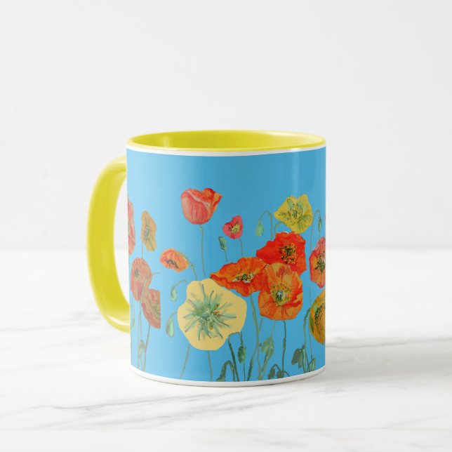 Taza Naranja Azul Shabby Poppy Poppies Acuarela Mug (Anverso izquierdo)