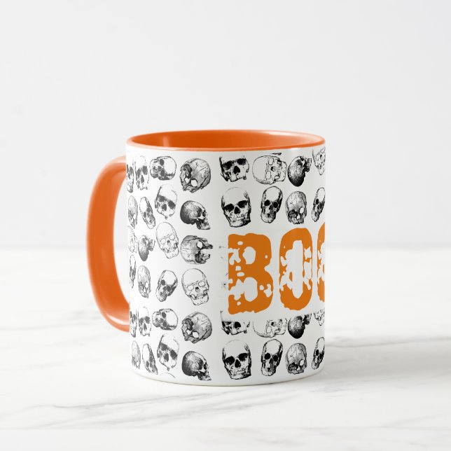 Taza Naranja Boo Halloween Spooky Skull Pattern (Anverso izquierdo)