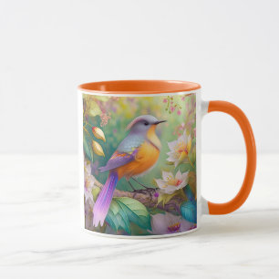 Taza Naranja con cabeza de lavanda Pájaro de fantasía c