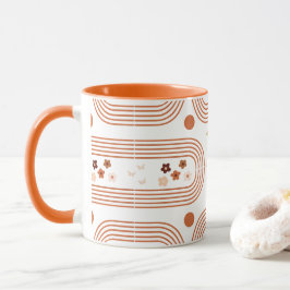 Taza Naranja de cosecha Boho Líneas Geométricas con flo