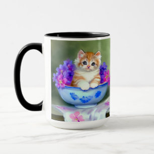 Taza Naranja de época y Ilustracion de gatito blanco