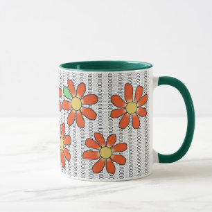 Taza Naranja de flores verde sobre código binario