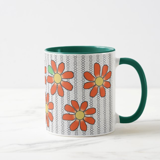Taza Naranja de flores verde sobre código binario (Derecha)