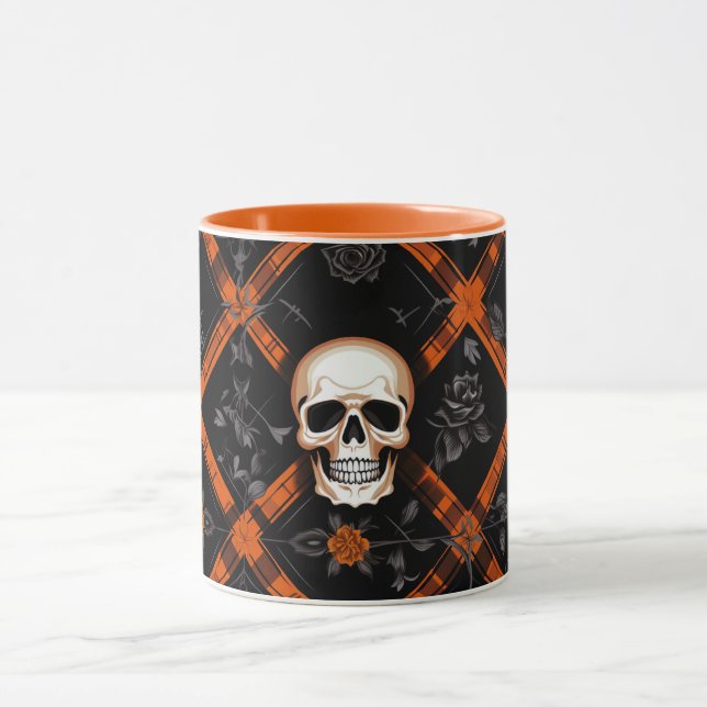 Taza Naranja de Gótico de Halloween Patrón de Tartán re (Centro)