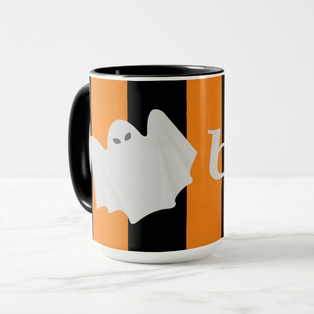 Taza Naranja de Halloween fantasma y franjas negras! (Anverso izquierdo)