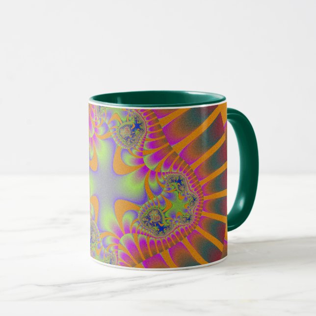 Taza Naranja de moda, fractal verde y rosa (Anverso derecho)