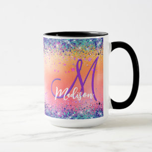 Taza naranja de moda monograma purpurina de imitación r