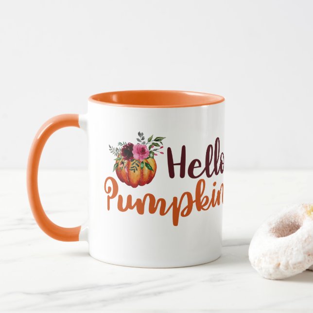 Taza Naranja de otoño personalizado Hola calabaza (Con donut)