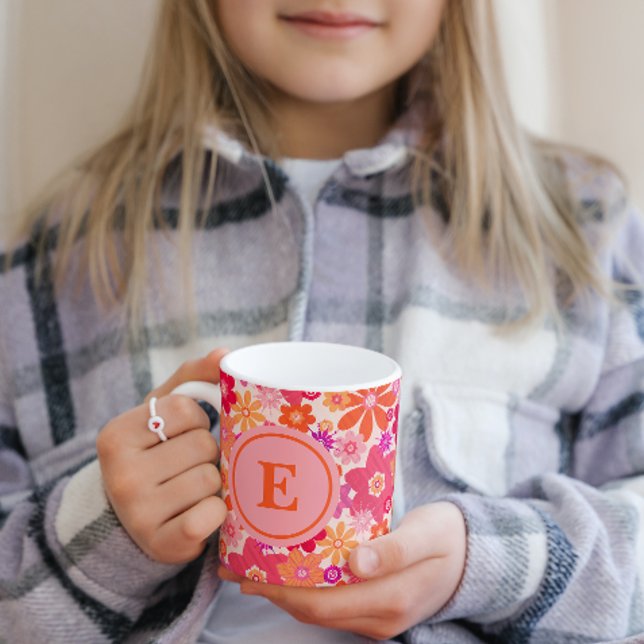 Taza Naranja de patrón floral retro lindo Monograma ros (Subido por el creador)
