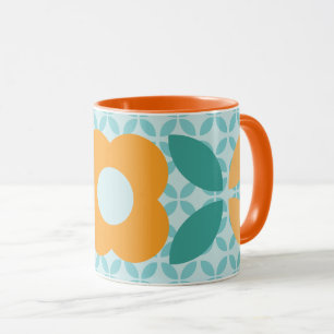 Taza Naranja de patrón geométrico de flor retro Verde a