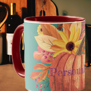 Taza Naranja de terracota floral de calabaza de otoño y